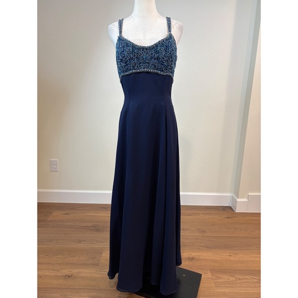 Fleur De Lis Dresses & Skirts - Vtg Fleur De Lis Silk Maxi Dress 12 Navy Blue Beaded Formal Gown Whimsy Ethereal